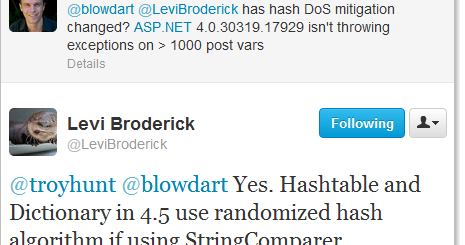 Troy Hunt: Fixing hash DoS good and proper (and breaking ASafaWeb)