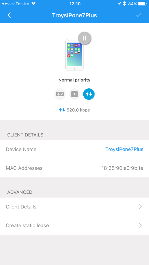 Client details for Troy's iPhone